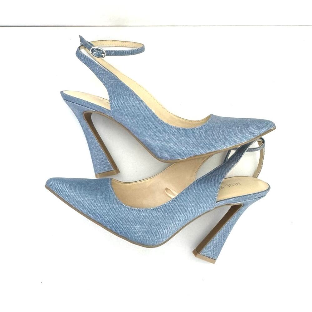 Nine West Women’s Ankle Strap Spool Heel Pointed Toe Chambray Blue Heels Size 9 - Picture 9 of 11